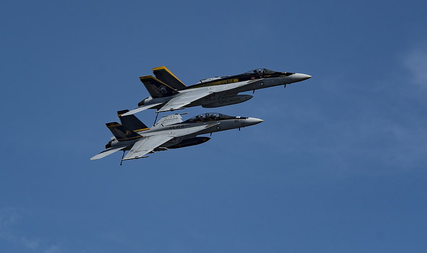 Two F/A-18 Super Hornets Flying in Formation Blue Sky