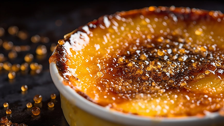 Close-up of creamy creme brulee with caramelized sugar crust