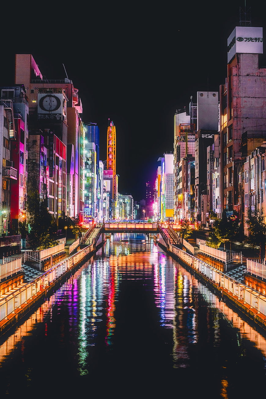 Night view of Dotonbori canal in Osaka, Japan with neon lights