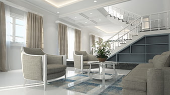 Modern Neoclassical Living Room with Staircase and Grey Furniture