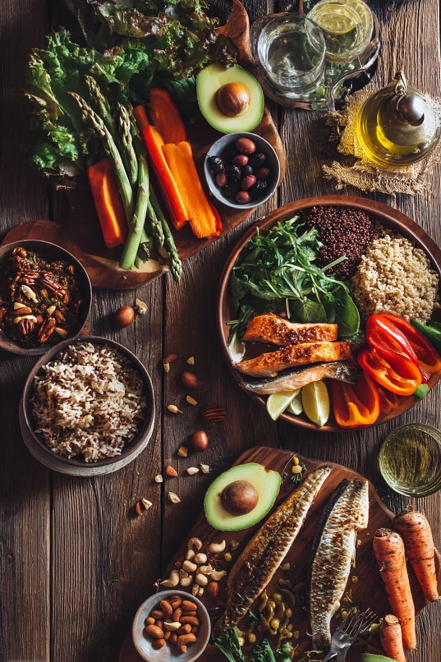 Overhead View of Healthy Grilled Salmon Bowl with Quinoa and Vegetables