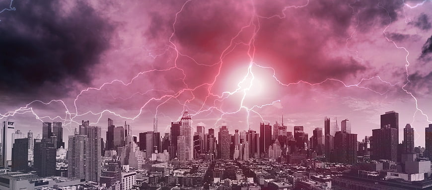 Dramatic Pink Lightning Storm Over City Skyline