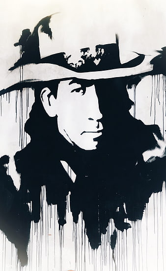 Black and white ink portrait of a man in a cowboy hat