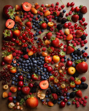 Top View of Fresh Mixed Berries and Fruits on Brown Background