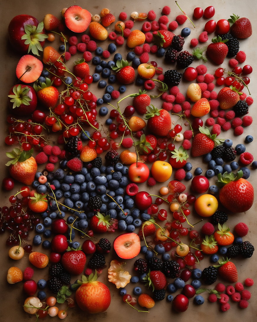 Top View of Fresh Mixed Berries and Fruits on Brown Background