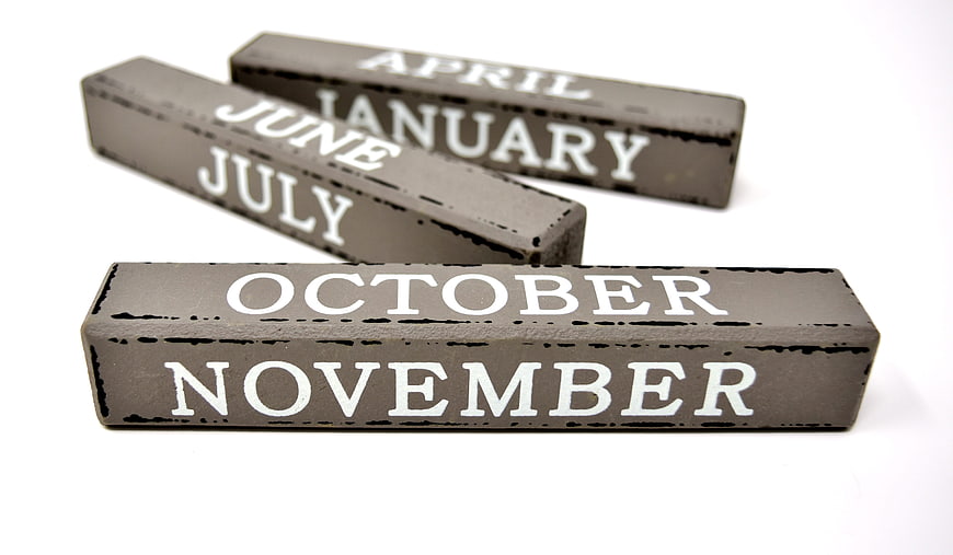 Rustic Wooden Blocks With Month Names On White Background