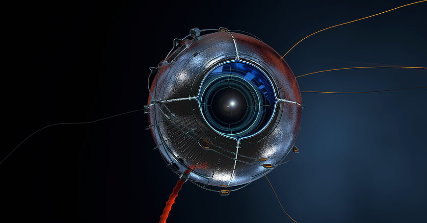 Futuristic Satellite Eye 3D Render With Glowing Blue Lens