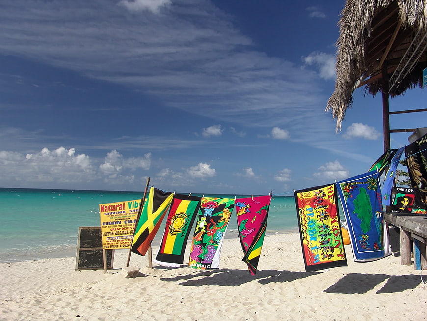 Colorful Rasta Towels Hanging on Beach Clothesline