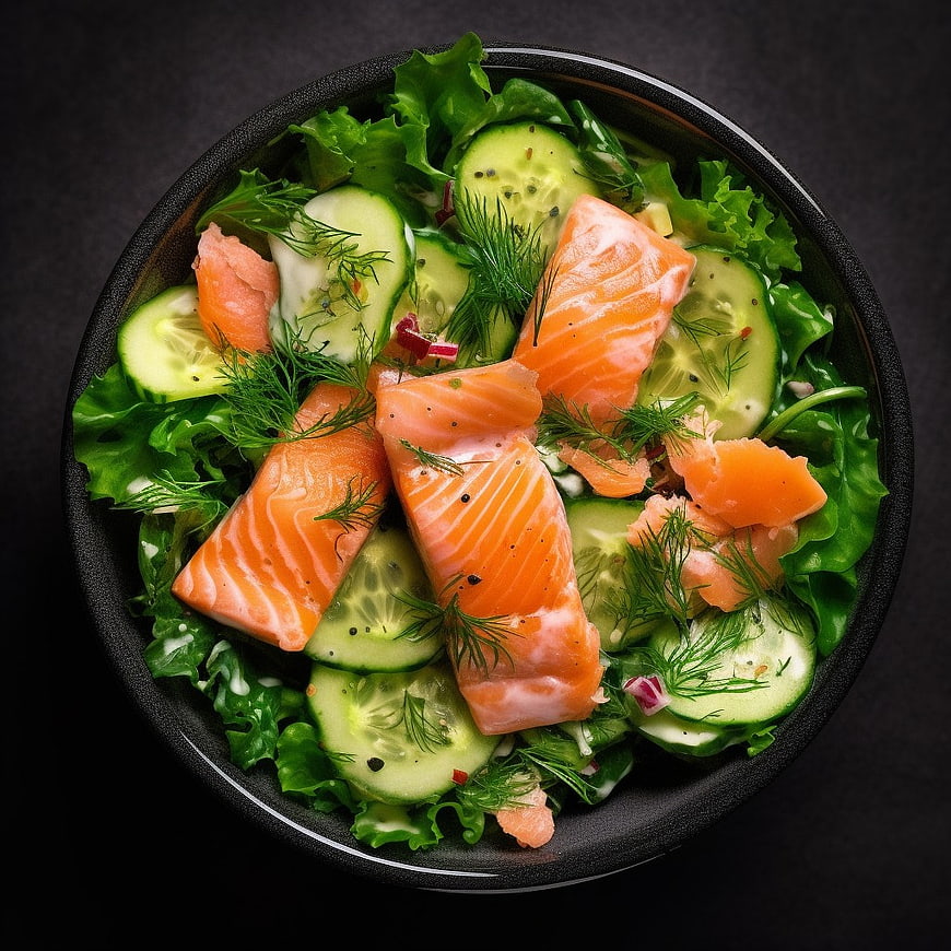 Overhead View of Fresh Salmon Salad with Cucumber and Dill