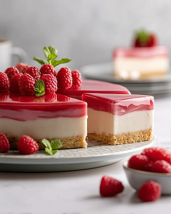 Glossy Raspberry Cheesecake Squares with Mint Garnish