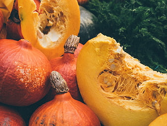 Close-up of fresh orange pumpkins and squash with seeds