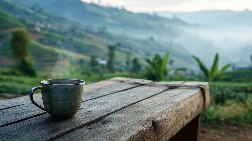 Steaming Coffee Mug on Wooden Table with Mountain View