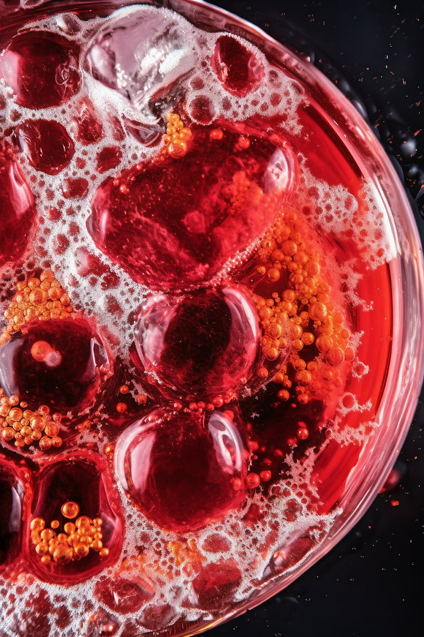 Macro shot of red beverage with ice and bubbles