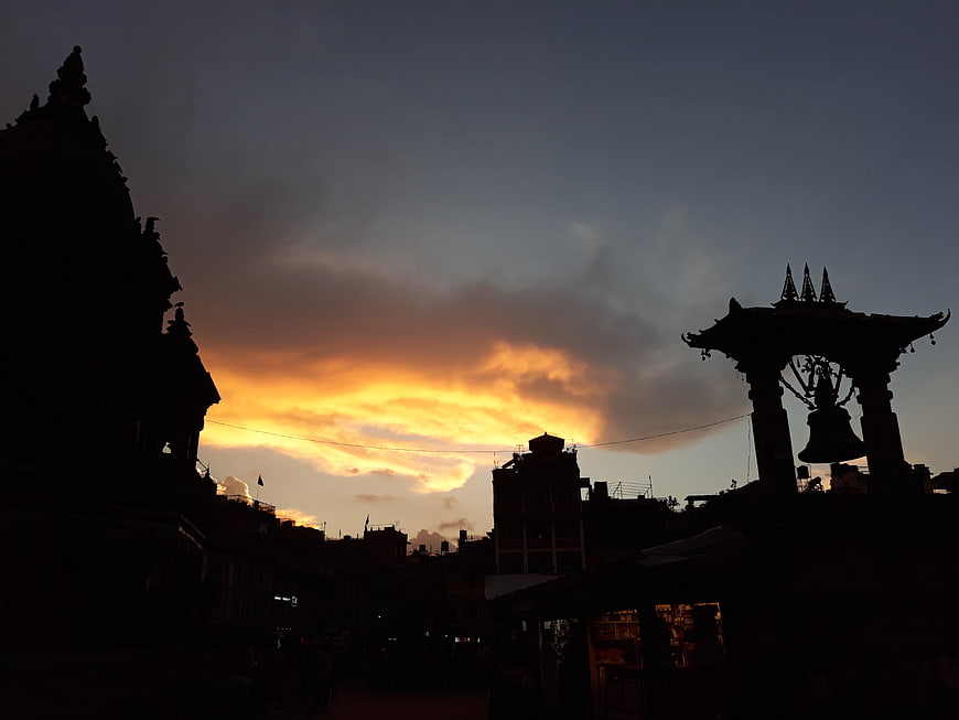 Silhouette of Patan Durbar Square Temple at Sunset