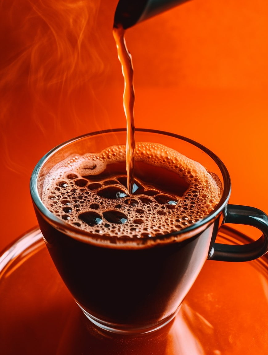 Hot Coffee Pouring into Glass Cup on Orange Background