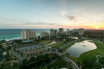 Aerial View of Coastal Resort City at Sunset