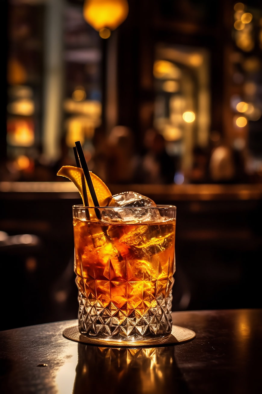 Whiskey cocktail with ice and orange peel in a bar