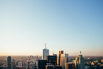 Toronto Skyline at Sunset with Large Blue Sky Copyspace