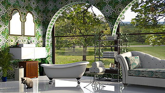 Luxury Green Tiled Bathroom Interior With Freestanding Bathtub And Garden View