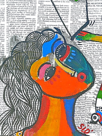 Vibrant Abstract Face Painting on Newspaper Collage Background
