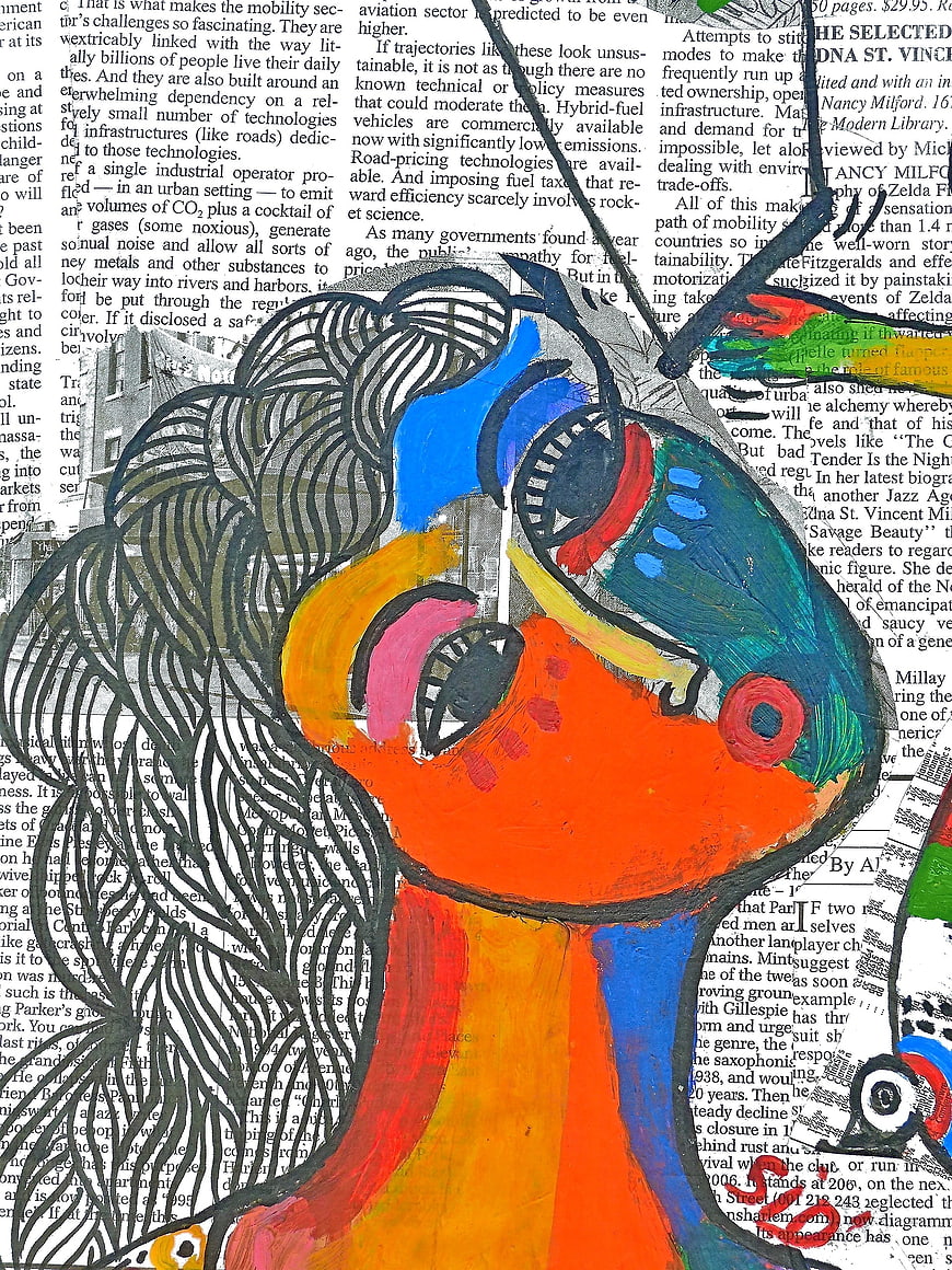 Vibrant Abstract Face Painting on Newspaper Collage Background