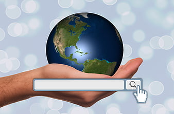 Hand holding globe with search bar and cursor icon
