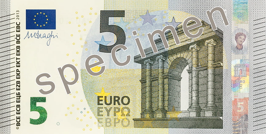 Specimen 5 Euro Banknote with Classical Architecture