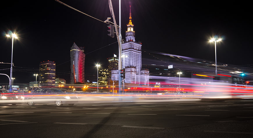 Warsaw skyline at night with long exposure traffic light trails