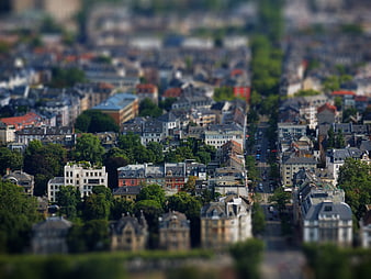 Tilt-shift miniature effect of European cityscape with architecture