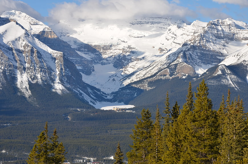 Snow-capped mountain range with evergreen forest foreground