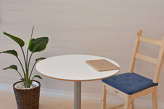 Minimalist Workspace With White Table, Wooden Chair, And Potted Plant