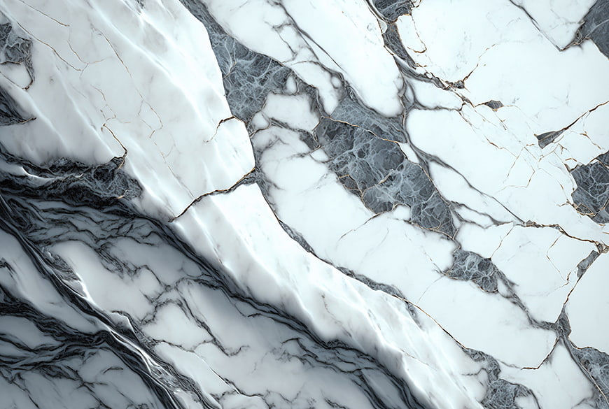 White Marble Texture with Gray Veins and Gold Accents