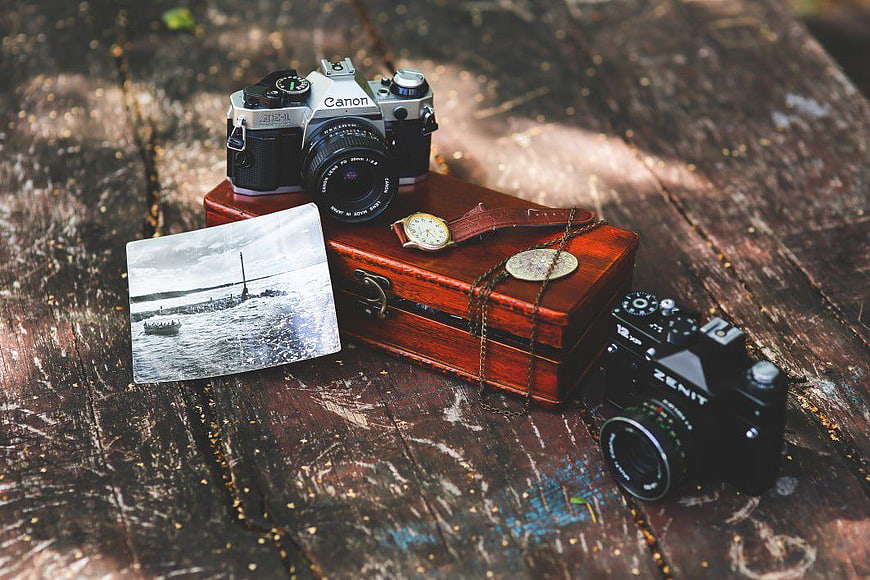 Vintage Cameras and Watch on Wooden Box