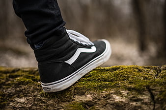 Close-up of black sneaker on mossy log in forest