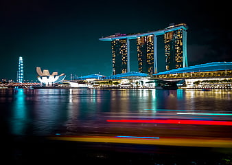 Singapore Marina Bay Sands Night Skyline with Light Trails