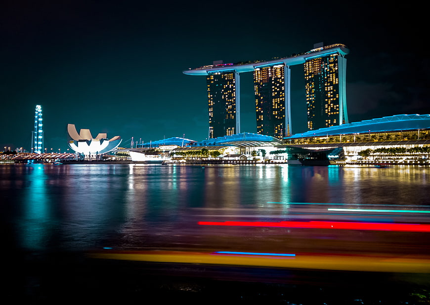 Singapore Marina Bay Sands Night Skyline with Light Trails