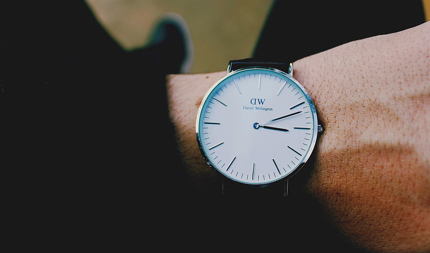 Close-up of Daniel Wellington watch on man's wrist