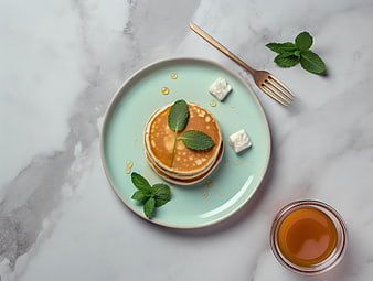 Top view of pancakes with mint and honey on a mint plate