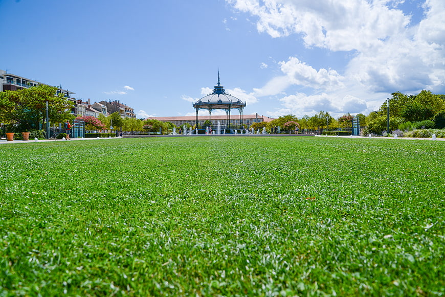 Low angle view of green lawn in park with bandstand