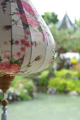 Close-up of Floral Asian Lantern in Garden