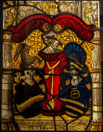 Historical Stained Glass Window with Heraldic Coat of Arms