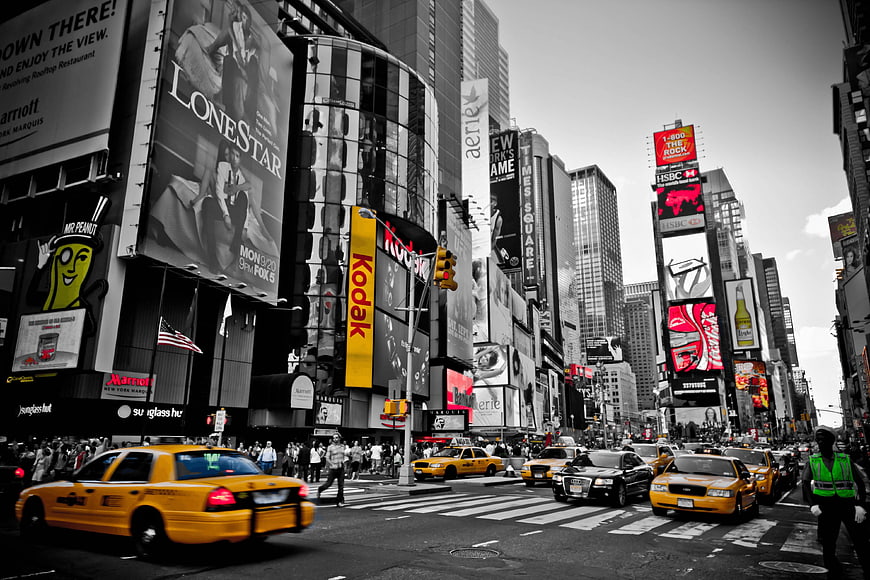 Selective Color Times Square NYC Yellow Taxis