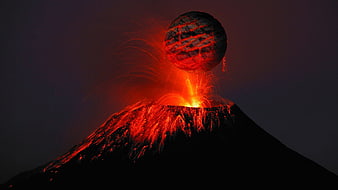 Volcanic Eruption Launching Glowing Lava Sphere into Night Sky