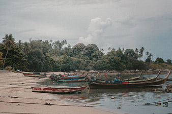 Traditional longtail boats on a tropical beach at low tide