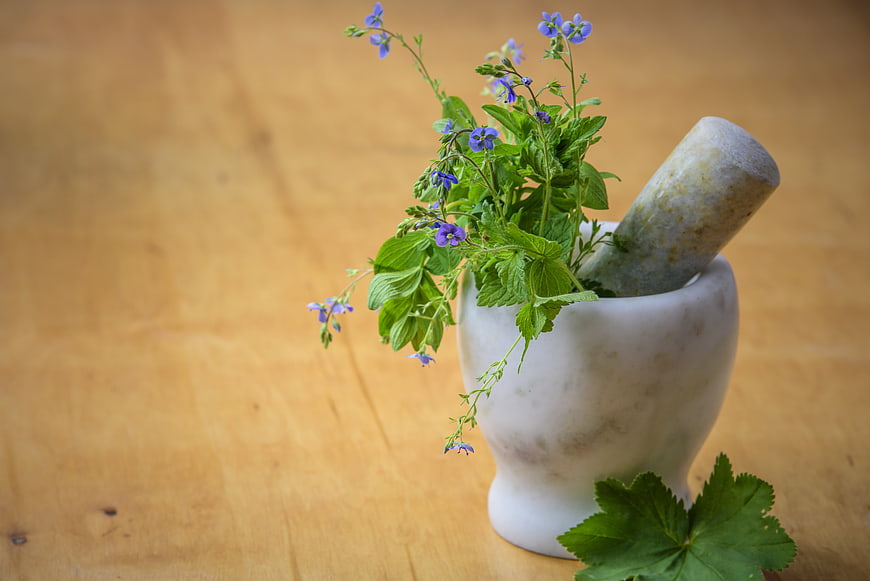 Mortar and pestle with fresh green herbs and purple flowers on wooden table