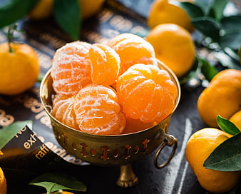 Peeled Mandarin Oranges in Vintage Brass Bowl