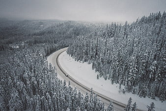 Aerial View of Snowy Forest Road with Car