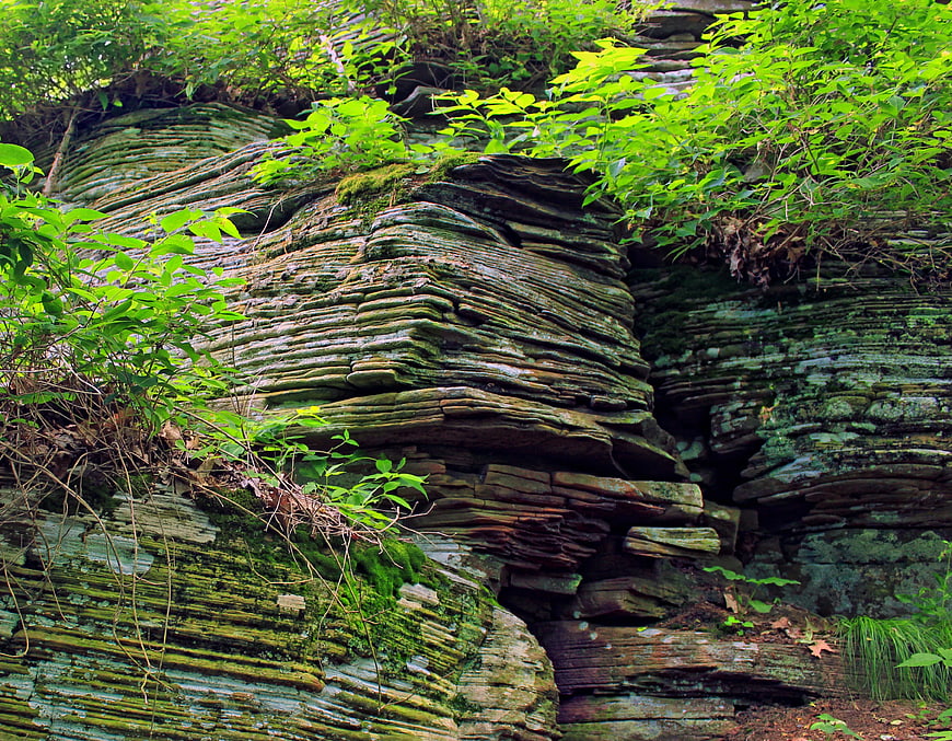Layered Green Rock Formation with Moss and Foliage