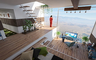 Modern Loft Interior With Panoramic Mountain View And Home Office