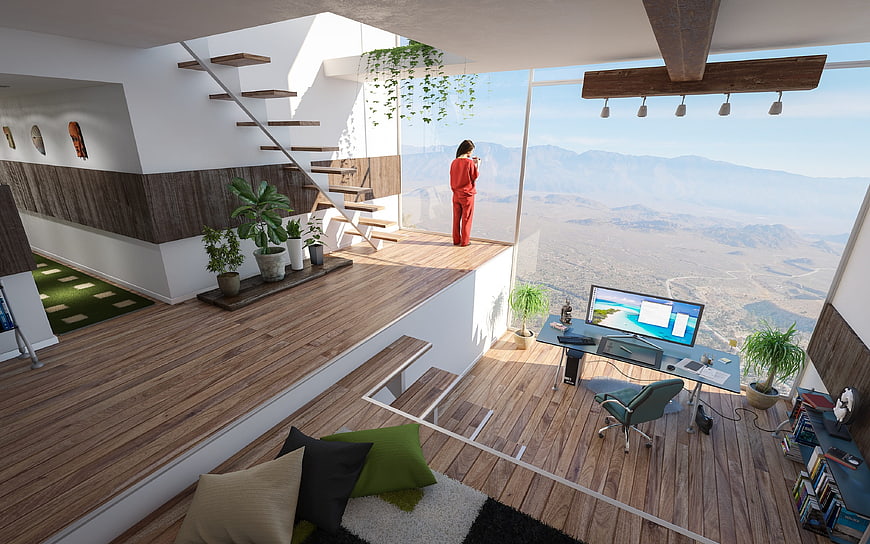 Modern Loft Interior With Panoramic Mountain View And Home Office